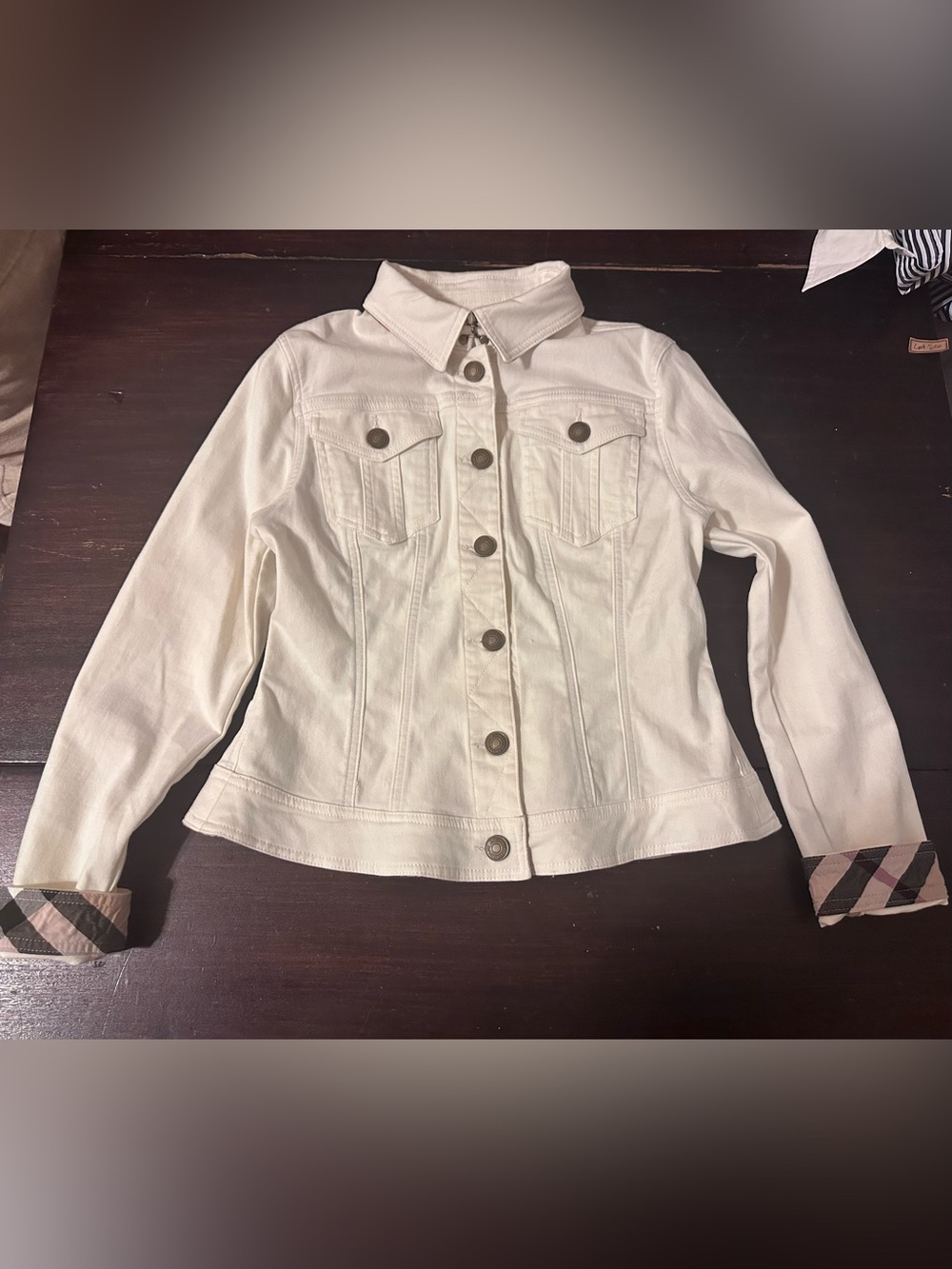 Burberry Cream Denim Jacket with Signature Check Cuff